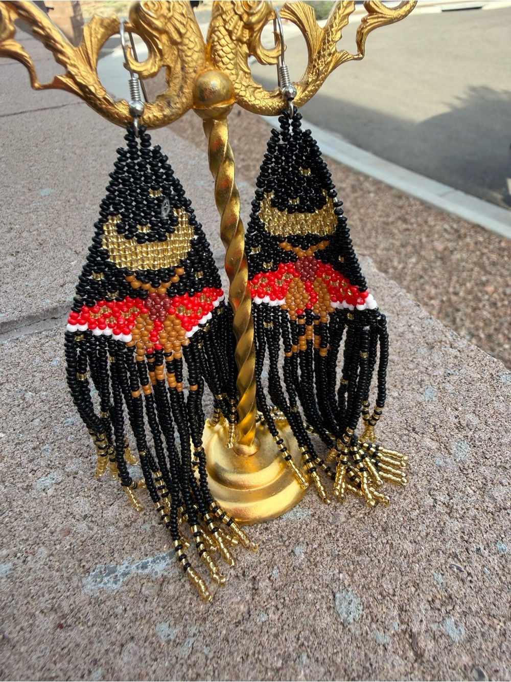 Butterfly Seed Bead Fringe Dangle Earrings Black Gold Red Geometric